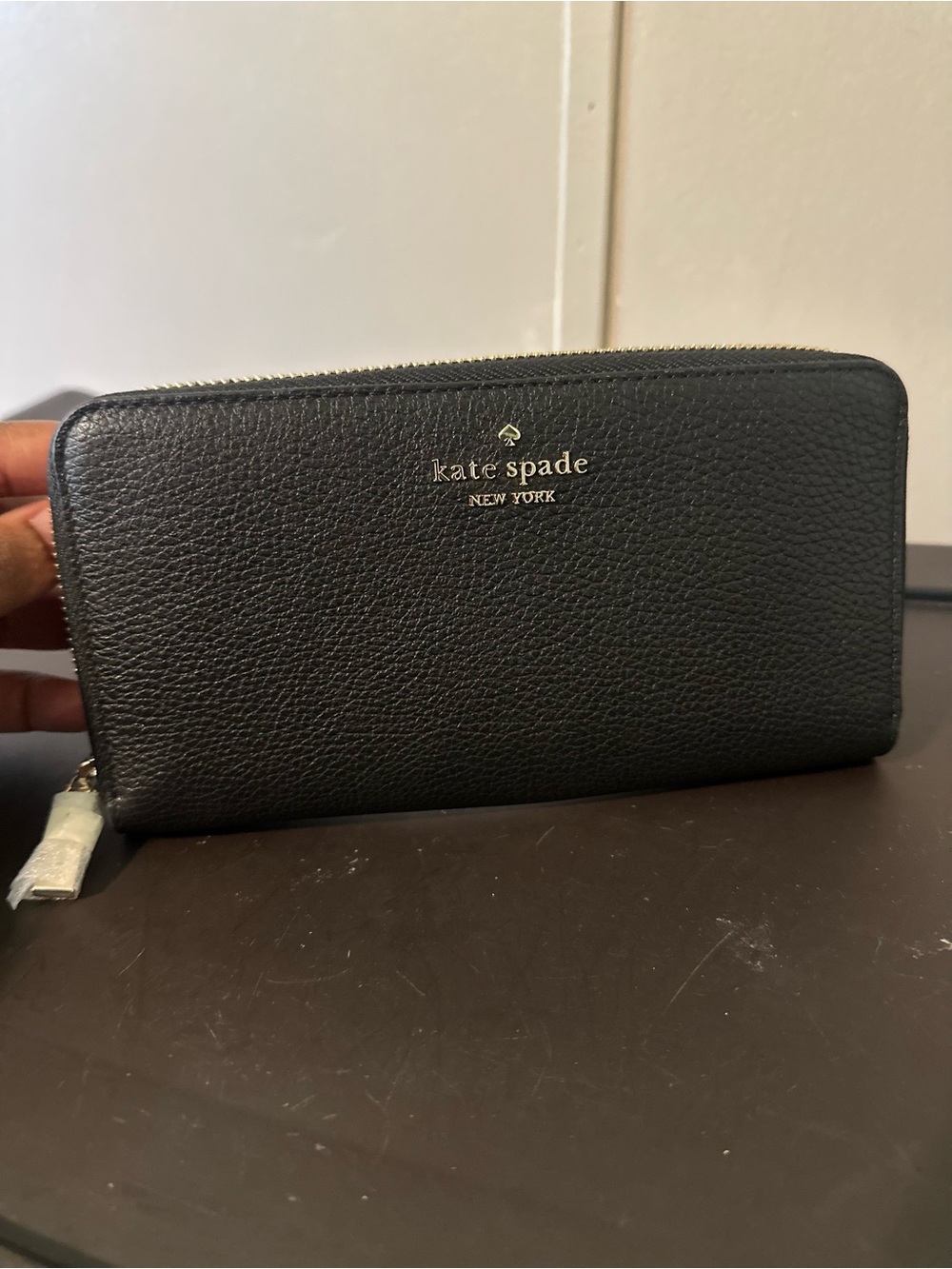 kate spade Black Pebbled Leather Zip Wallet with Gold Logo